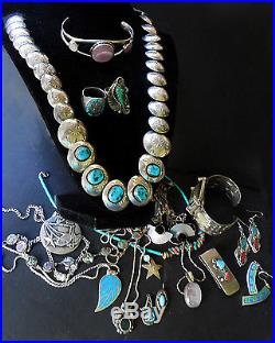 HUGE Turquoise NA Mexico Old Pawn STERLING SILVER Jewelry Lot Concho Necklace