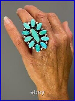 HUGE Vintage 2 Navajo Sterling Silver Vivid Turquoise Cluster Ring STUNNING