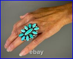 HUGE Vintage 2 Navajo Sterling Silver Vivid Turquoise Cluster Ring STUNNING