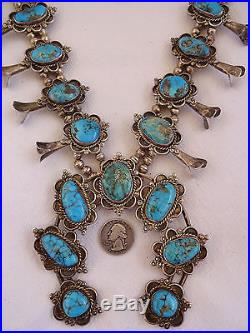HUGE Vintage NAVAJO Sterling Silver Deep Blue Turquoise SQUASH BLOSSOM Necklace