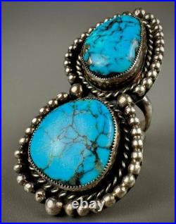 HUGE Vintage Navajo Sterling Silver Double Spiderweb Turquoise Ring 29 Grams