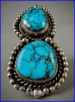 HUGE Vintage Navajo Sterling Silver Double Spiderweb Turquoise Ring 29 Grams