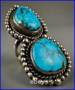 HUGE Vintage Navajo Sterling Silver Double Spiderweb Turquoise Ring 29 Grams