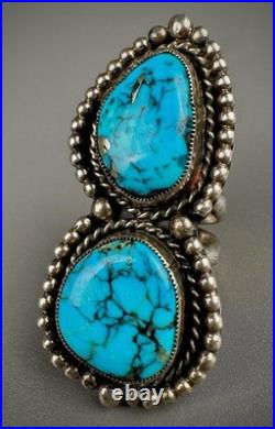 HUGE Vintage Navajo Sterling Silver Double Spiderweb Turquoise Ring 29 Grams
