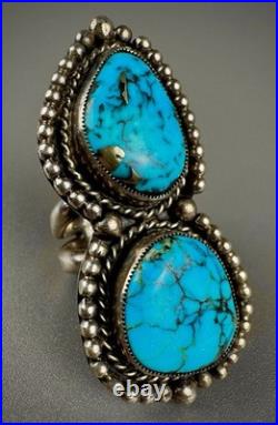 HUGE Vintage Navajo Sterling Silver Double Spiderweb Turquoise Ring 29 Grams