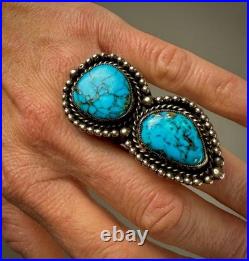 HUGE Vintage Navajo Sterling Silver Double Spiderweb Turquoise Ring 29 Grams