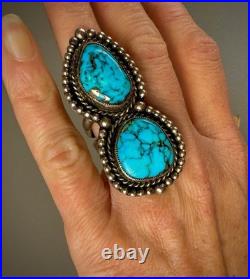 HUGE Vintage Navajo Sterling Silver Double Spiderweb Turquoise Ring 29 Grams