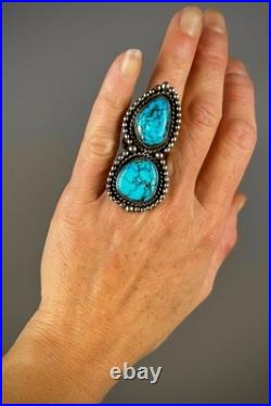 HUGE Vintage Navajo Sterling Silver Double Spiderweb Turquoise Ring 29 Grams