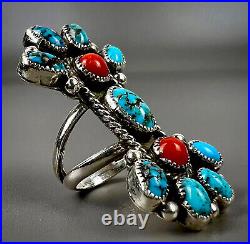 HUGE Vintage Navajo Sterling Silver Kingman Turquoise & Coral Cluster Ring