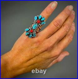 HUGE Vintage Navajo Sterling Silver Kingman Turquoise & Coral Cluster Ring