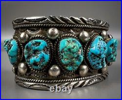 HUGE Vintage Navajo Sterling Silver Kingman Turquoise Nugget Cuff Bracelet HEAVY