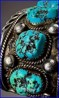 HUGE Vintage Navajo Sterling Silver Kingman Turquoise Nugget Cuff Bracelet HEAVY
