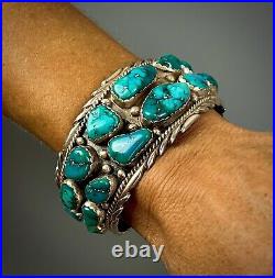 HUGE Vintage Navajo Sterling Silver Nevada Turquoise Cuff Bracelet HEAVY 102grms