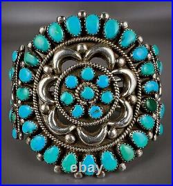 HUGE Vintage Navajo Sterling Silver Turquoise Cluster Cuff Bracelet