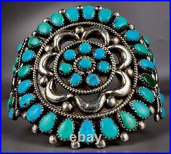 HUGE Vintage Navajo Sterling Silver Turquoise Cluster Cuff Bracelet