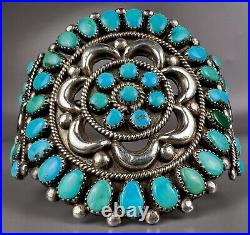 HUGE Vintage Navajo Sterling Silver Turquoise Cluster Cuff Bracelet