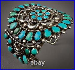 HUGE Vintage Navajo Sterling Silver Turquoise Cluster Cuff Bracelet