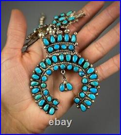 HUGE Vintage Navajo Sterling Silver Turquoise Cluster Squash Blossom Necklace HUGE Vintage Navajo Sterling Silver Turquoise Cluster Squash Blossom Necklace