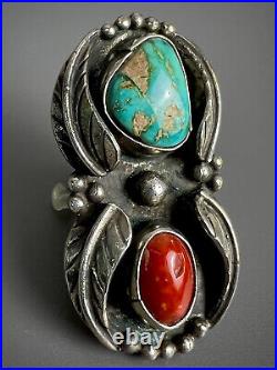 HUGE Vintage Navajo Sterling Silver Turquoise & Coral Ring