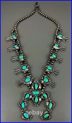 HUGE Vintage Navajo Sterling Silver Turquoise Squash Blossom Necklace VERY NICE