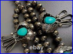 HUGE Vintage Navajo Sterling Silver Turquoise Squash Blossom Necklace VERY NICE