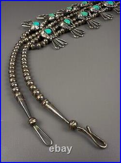 HUGE Vintage Navajo Sterling Silver Turquoise Squash Blossom Necklace VERY NICE