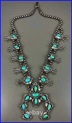 HUGE Vintage Navajo Sterling Silver Turquoise Squash Blossom Necklace VERY NICE