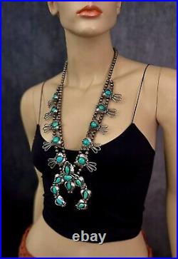 HUGE Vintage Navajo Sterling Silver Turquoise Squash Blossom Necklace VERY NICE