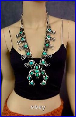 HUGE Vintage Navajo Sterling Silver Turquoise Squash Blossom Necklace VERY NICE