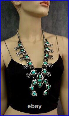 HUGE Vintage Navajo Sterling Silver Turquoise Squash Blossom Necklace VERY NICE