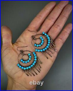 HUGE Vintage Old Pawn Zuni Sterling Silver TURQUOISE Inlay Dangle Earrings HUGE Vintage Old Pawn Zuni Sterling Silver TURQUOISE Inlay Dangle Earrings