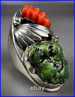 HUGE Vintage ZUNI Sterling Silver Turquoise & Coral Ring HEAVY 43.5 Grams WOW