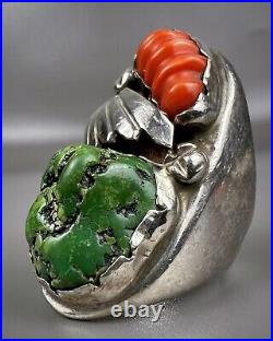 HUGE Vintage ZUNI Sterling Silver Turquoise & Coral Ring HEAVY 43.5 Grams WOW