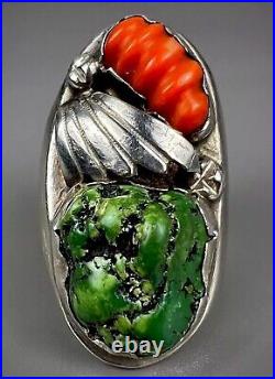 HUGE Vintage ZUNI Sterling Silver Turquoise & Coral Ring HEAVY 43.5 Grams WOW