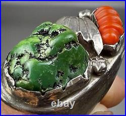 HUGE Vintage ZUNI Sterling Silver Turquoise & Coral Ring HEAVY 43.5 Grams WOW