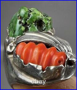 HUGE Vintage ZUNI Sterling Silver Turquoise & Coral Ring HEAVY 43.5 Grams WOW