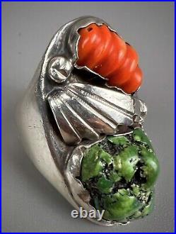 HUGE Vintage ZUNI Sterling Silver Turquoise & Coral Ring HEAVY 43.5 Grams WOW