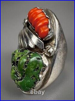 HUGE Vintage ZUNI Sterling Silver Turquoise & Coral Ring HEAVY 43.5 Grams WOW