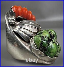 HUGE Vintage ZUNI Sterling Silver Turquoise & Coral Ring HEAVY 43.5 Grams WOW