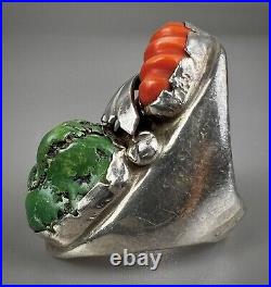 HUGE Vintage ZUNI Sterling Silver Turquoise & Coral Ring HEAVY 43.5 Grams WOW