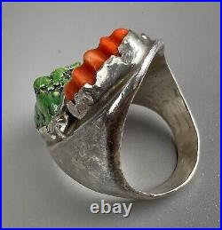 HUGE Vintage ZUNI Sterling Silver Turquoise & Coral Ring HEAVY 43.5 Grams WOW