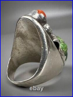 HUGE Vintage ZUNI Sterling Silver Turquoise & Coral Ring HEAVY 43.5 Grams WOW