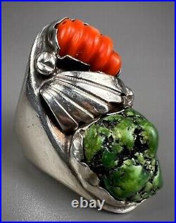 HUGE Vintage ZUNI Sterling Silver Turquoise & Coral Ring HEAVY 43.5 Grams WOW