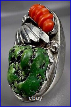 HUGE Vintage ZUNI Sterling Silver Turquoise & Coral Ring HEAVY 43.5 Grams WOW