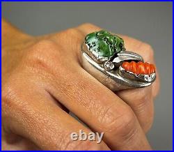 HUGE Vintage ZUNI Sterling Silver Turquoise & Coral Ring HEAVY 43.5 Grams WOW