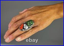 HUGE Vintage ZUNI Sterling Silver Turquoise & Coral Ring HEAVY 43.5 Grams WOW