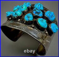 HUGE WIDE Vintage Navajo Sterling Silver Turquoise Nugget Cluster Cuff Bracelet