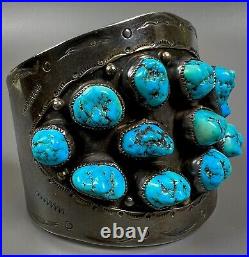 HUGE WIDE Vintage Navajo Sterling Silver Turquoise Nugget Cluster Cuff Bracelet