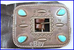 Hand Stamped Sterling Silver & Turquoise Six Concho Leather Belt Unsigned Navajo