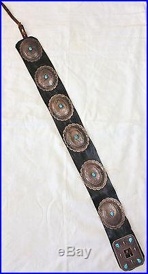 Hand Stamped Sterling Silver & Turquoise Six Concho Leather Belt Unsigned Navajo